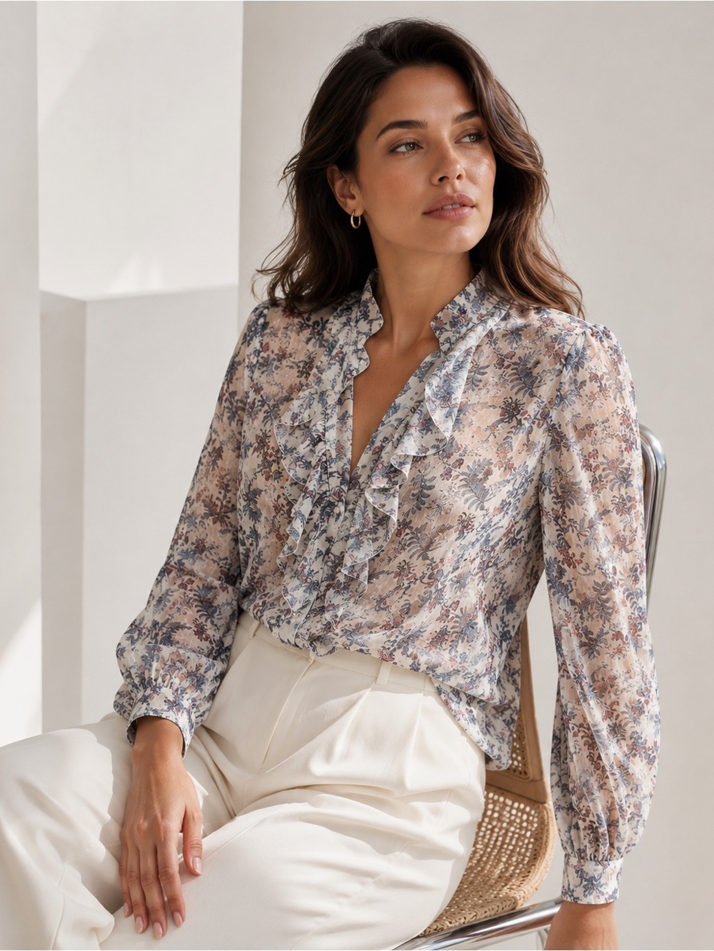 Vince Camuto Boho Sheer Floral Ruffle Blouse Romantic Long Sleeve Top S Y2K